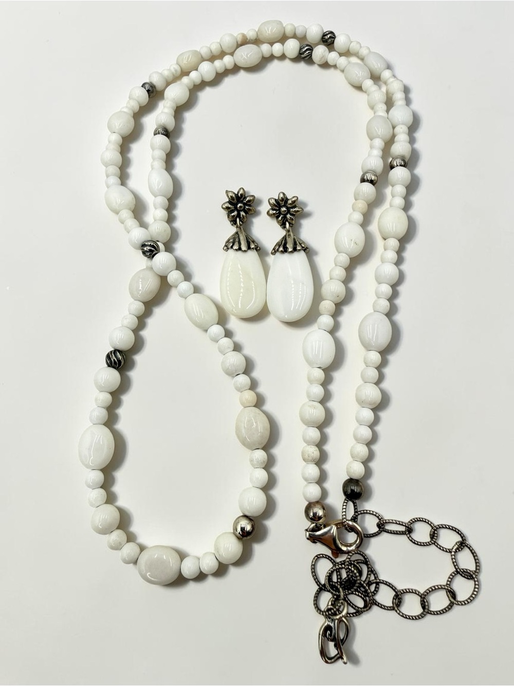 Carolyn Pollack Relios Sterling White Agate Necklace & Earrings Set CP 32”-36” - Picture 12 of 17